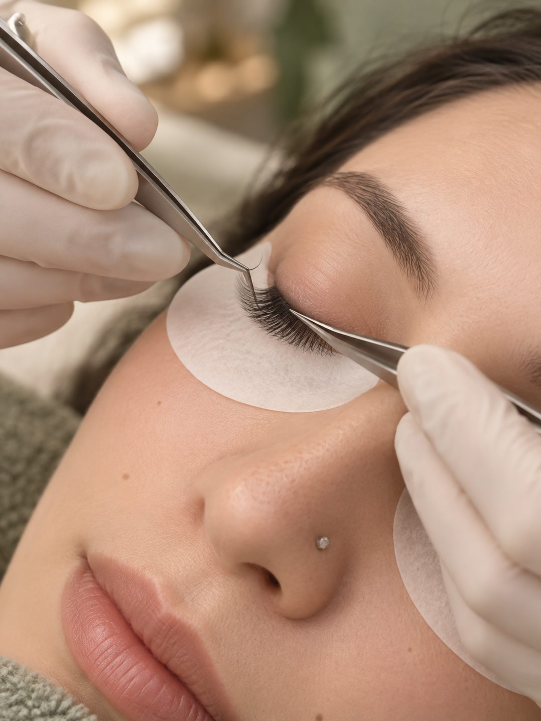 Lash artist carefully applying an eyelash extension